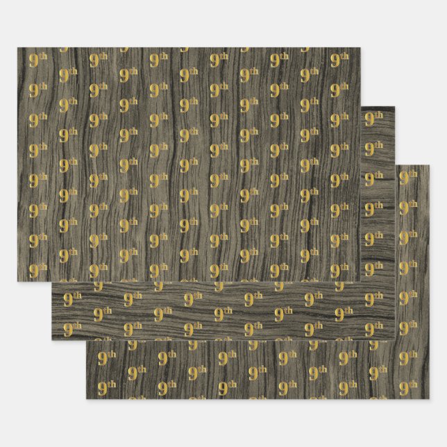 Rustic Faux Wood Grain, Elegant Faux Gold "9th" Wrapping Paper Sheet (Set)