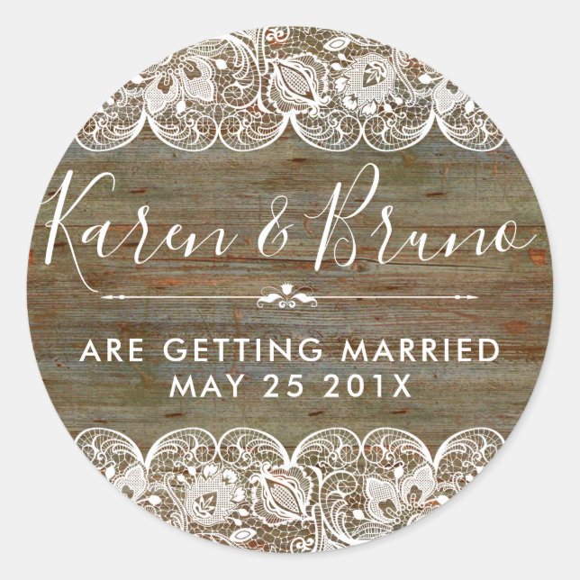 Rustic Faux Wood & White Floral Lace RSVP Classic Round Sticker (Front)