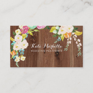 Rustic Faux Wood with Colourful Flowers Business Card
