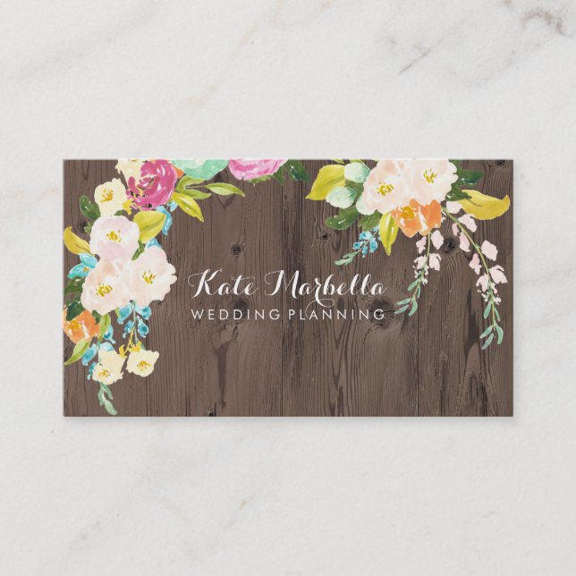 Rustic Faux Wood with Colourful Flowers Business Card (Front)