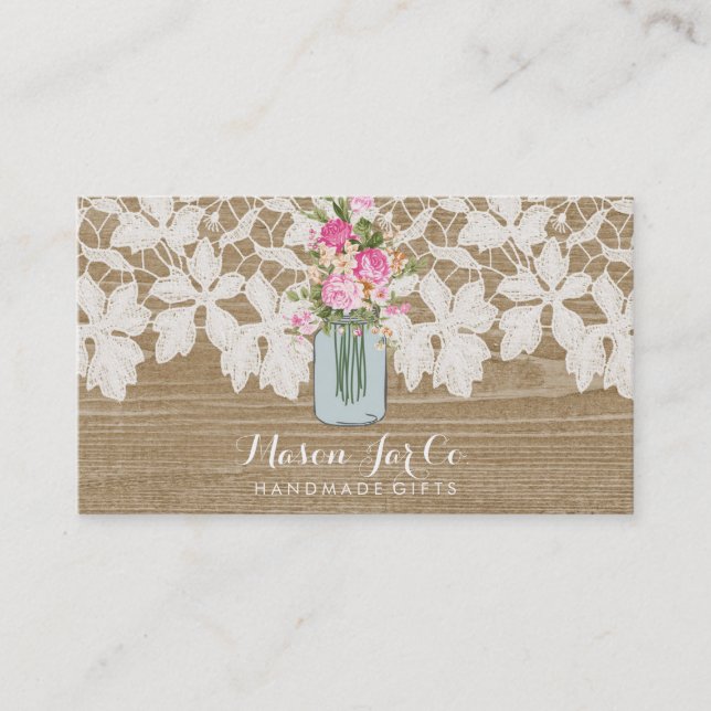 Rustic Faux Wood with Lace and Flower Mason Jar Business Card (Front)