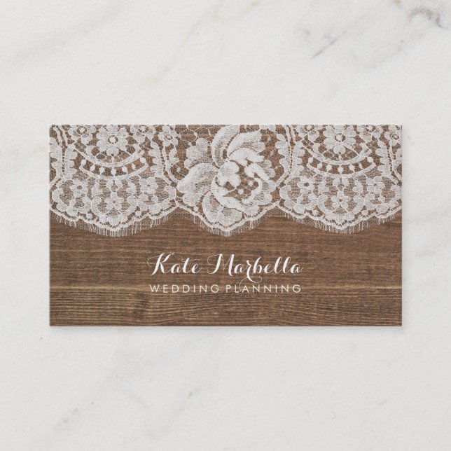 Rustic Faux Wood with Lace Business Card (Front)