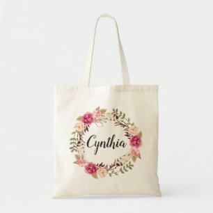 Rustic Feather Boho Floral Wreath Bridesmaid Tote Bag