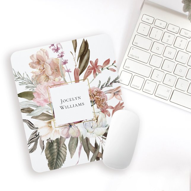 Rustic Feminine Watercolor Wildflowers Floral Mouse Mat (Personalize with your name for a beautifully feminine mouse pad.)