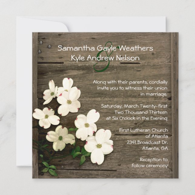 Rustic Fence & Dogwood Blooms Wedding Invitation (Front)