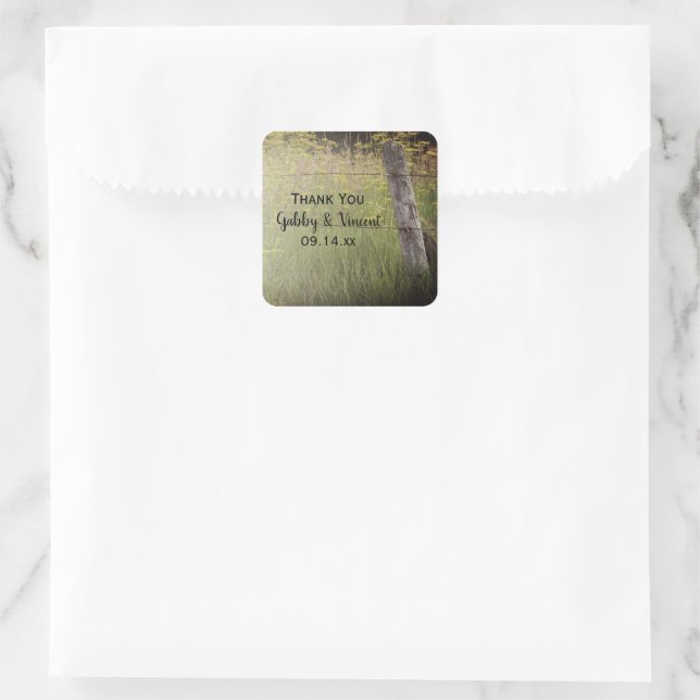Rustic Fence Post Country Wedding Thank You Square Sticker (Bag)