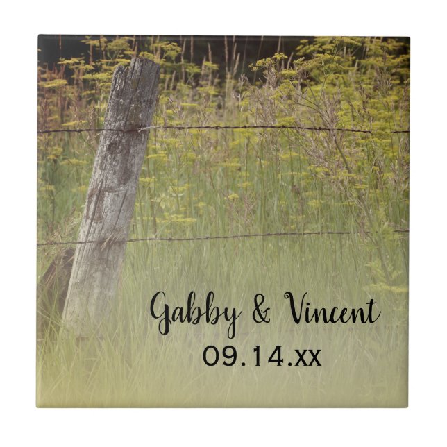 Rustic Fence Post Country Wedding Tile (Front)