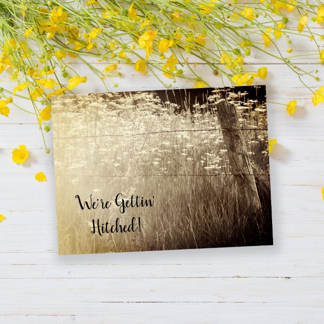Rustic Fence Post Wildflower Country Sepia Wedding Announcement Postcard (Creator Uploaded)