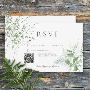 Rustic Fern Foliage Emerald Green QR Code RSVP Card