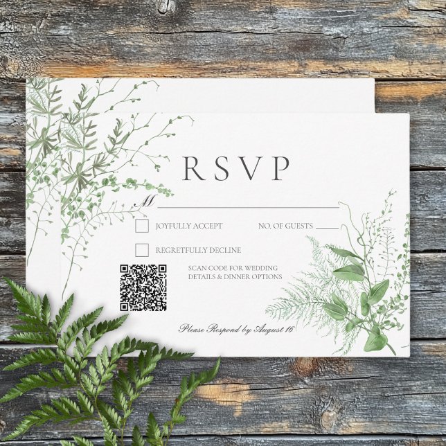 Rustic Fern Foliage Emerald Green QR Code RSVP Card (Rustic Fern Foliage Emerald Green QR Code RSVP Card )
