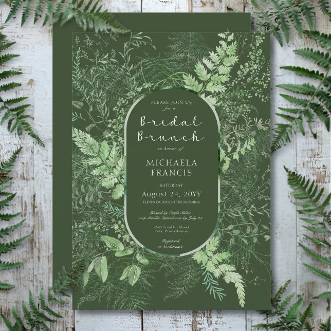Rustic Fern Green Foliage Emerald Bridal Brunch Invitation (Rustic Fern Green Foliage Emerald Bridal Brunch Invitation)