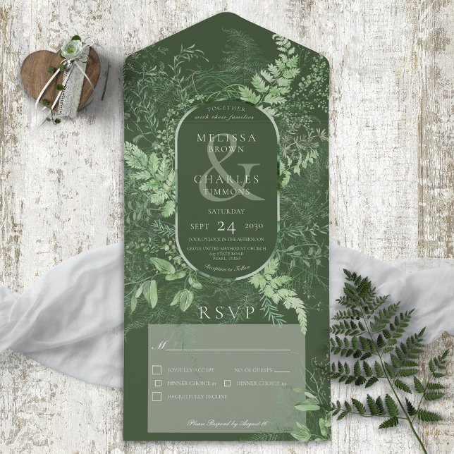 Rustic Fern Green Foliage Emerald Dinner All In One Invitation (Also available with a QR code or without dinner selection options.)