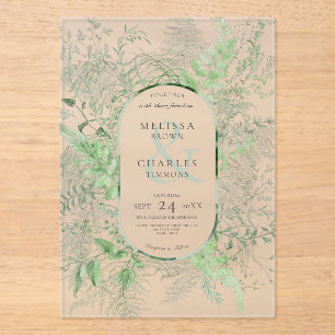 Rustic Fern Green Foliage Emerald Green Wedding Acrylic Invitations