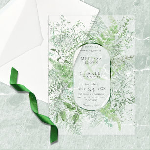Rustic Fern Green Foliage White Wedding Vellum Invitations