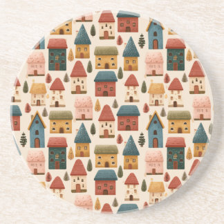 Rustic Festive Christmas Houses Seamless Pattern Coaster