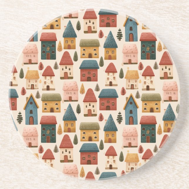 Rustic Festive Christmas Houses Seamless Pattern Coaster (Front)