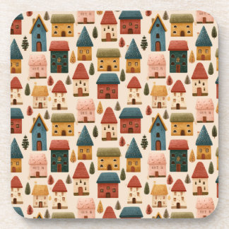 Rustic Festive Christmas Houses Seamless Pattern Coaster