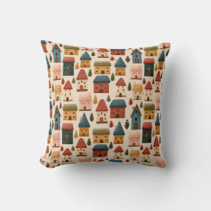 Rustic Festive Christmas Houses Seamless Pattern Cushion