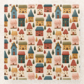 Rustic Festive Christmas Houses Seamless Pattern Glass Coaster