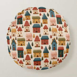 Rustic Festive Christmas Houses Seamless Pattern Round Cushion