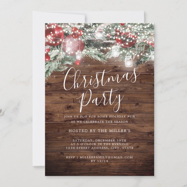 Rustic Festive Foliage Lights Christmas Party   Invitation (Front)