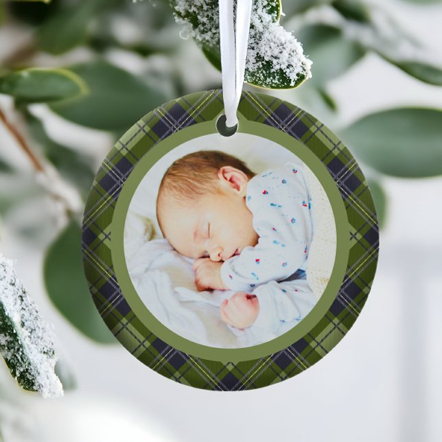 Rustic Festive Green Plaid Babys First Christmas Ceramic Tree Decoration (Creator Uploaded)
