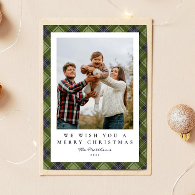 Rustic Festive Green Plaid Family Photo Christmas Holiday Card (Creator Uploaded)