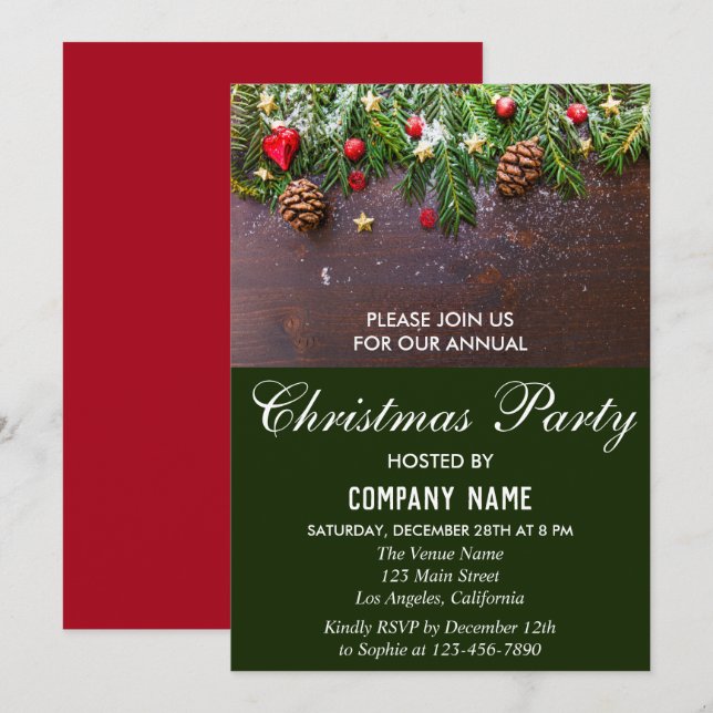 Rustic Festive Red & Green Company Christmas Party Invitation (Front/Back)