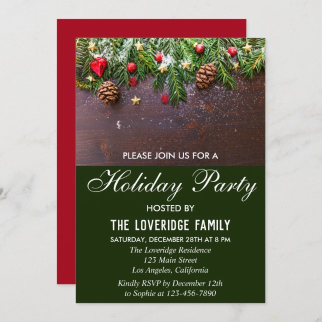Rustic Festive Red & Green Country Holiday Party Invitation (Front/Back)