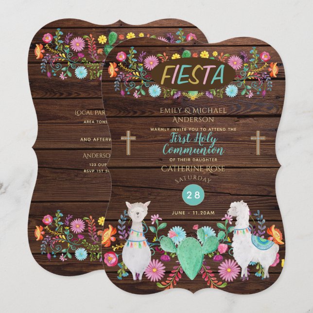 Rustic Fiesta First Communion Folk Flowers Llama Invitation (Front/Back)