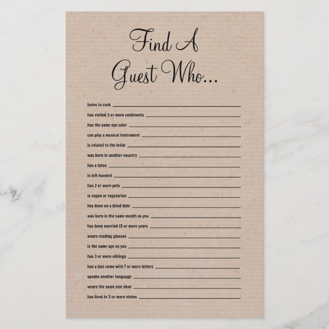 Rustic Find The Guest Bridal Shower Game (Front)