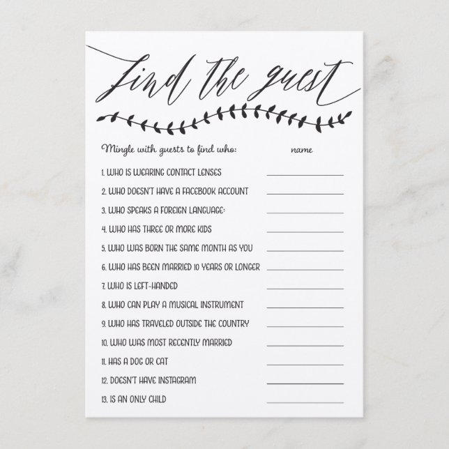 Rustic Find the Guest Bridal Shower Game Enclosure Card (Front)