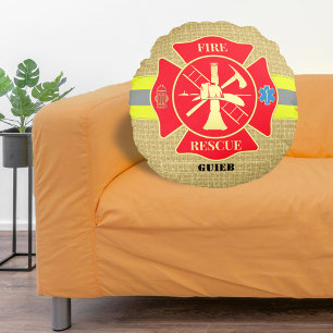 Rustic Firefighter Maltese Cross Bunker Gear Art Round Cushion