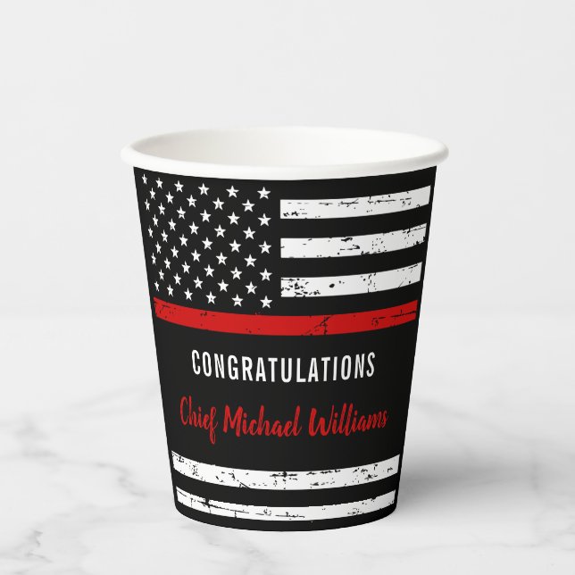 Rustic Firefighter Retirement Party Congrats Paper Cups (Front)