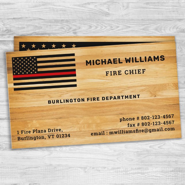 Rustic Firefighter Thin Red Line America Flag Wood Business Card (Creator Uploaded)