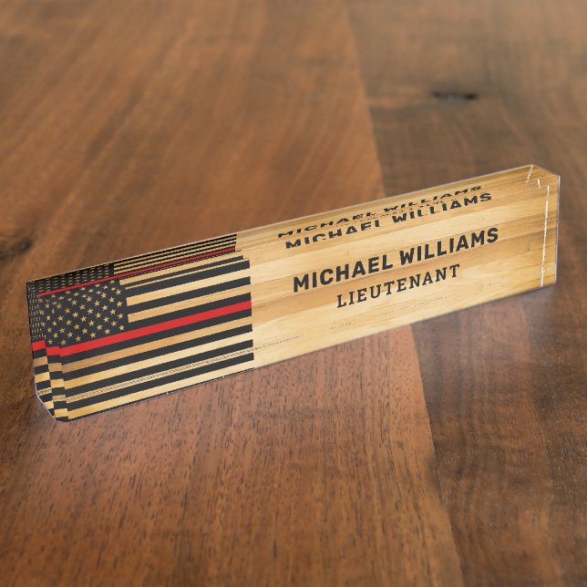Rustic Firefighter Thin Red Line America Flag Wood Nameplate (Side)