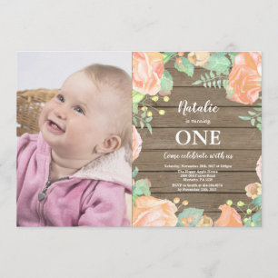 Rustic First 1st Birthday Invitation Peach Floral