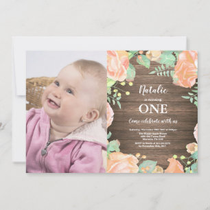 Rustic First 1st Birthday Invitation Peach Floral
