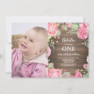 Rustic First 1st Birthday Invitation Pink Floral