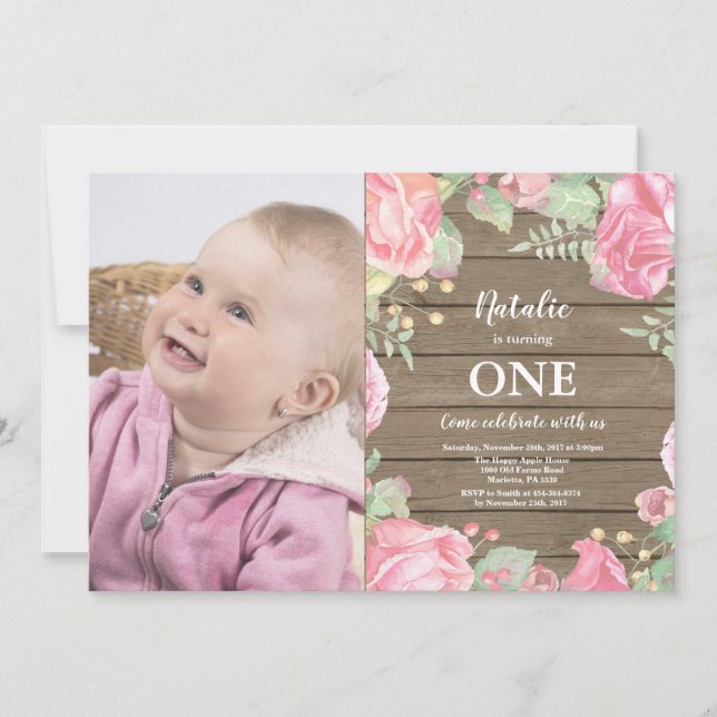 Rustic First 1st Birthday Invitation Pink Floral (Front)