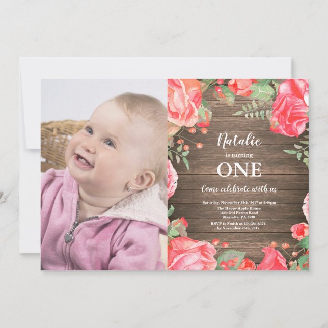 Rustic First 1st Birthday Invitation Red Floral (Front)