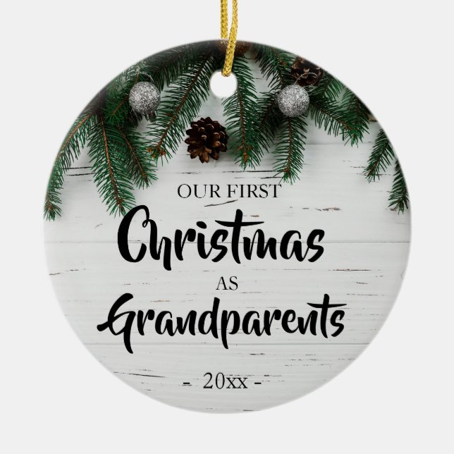 Rustic First Christmas as Grandparents Ceramic Tree Decoration (Front)