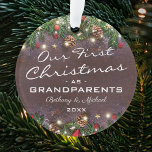 Rustic First Christmas as Grandparents Ornament<br><div class="desc">Rustic new grandparent christmas ornament featuring a dark wooden background,  festive christmas tree branches,  red & gold tree decorations,  string twinkle lights,  the cute saying 'our first christmas as grandparents',  their names,  and the year. On the reverse is a photo of their grandchild.</div>