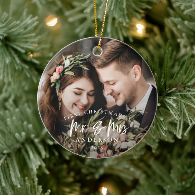 Rustic First Christmas As Mr and Mrs Photo  Ceramic Tree Decoration (Tree)