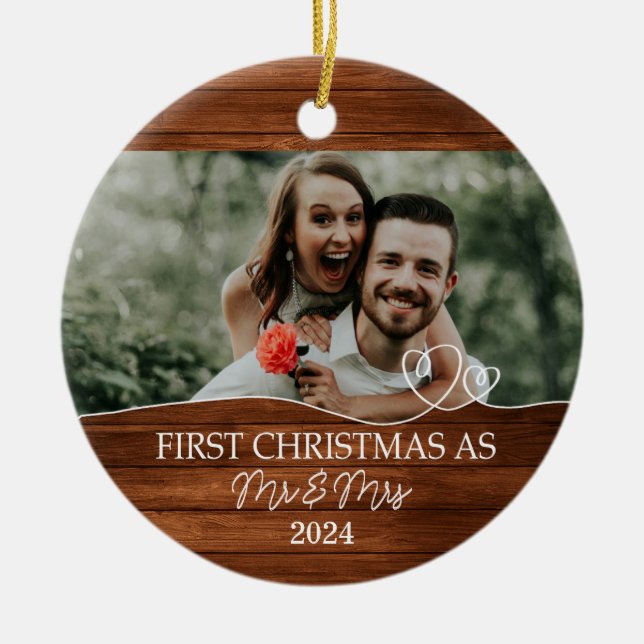 Rustic First Christmas as Mr. & Mrs.  Ceramic Tree Decoration (Front)