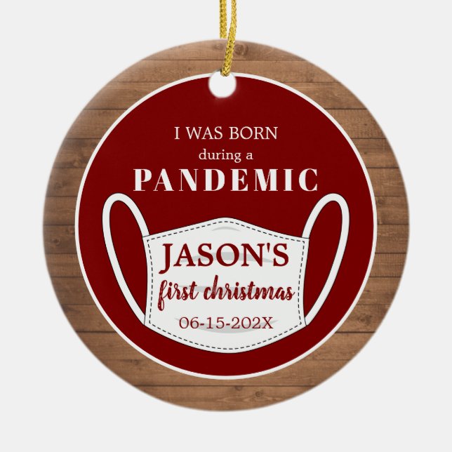 Rustic first Christmas Born in Pandemic Ceramic Tree Decoration (Front)
