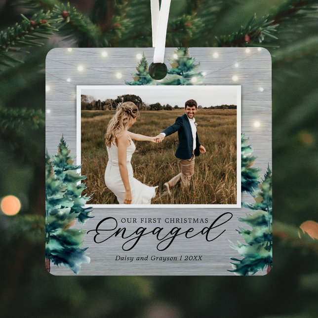 Rustic First Christmas Engaged Pine Tree Metal Tree Decoration (Creator Uploaded)