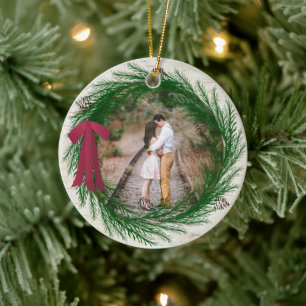 Rustic First Christmas Engaged Two Photo Christmas Ceramic Tree Decoration