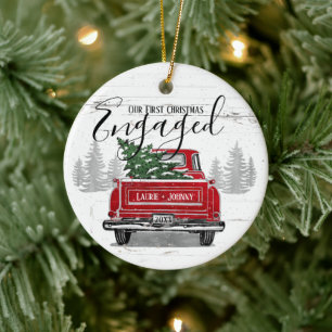 Rustic First Christmas Engaged Vintage Red Truck Ceramic Tree Decoration