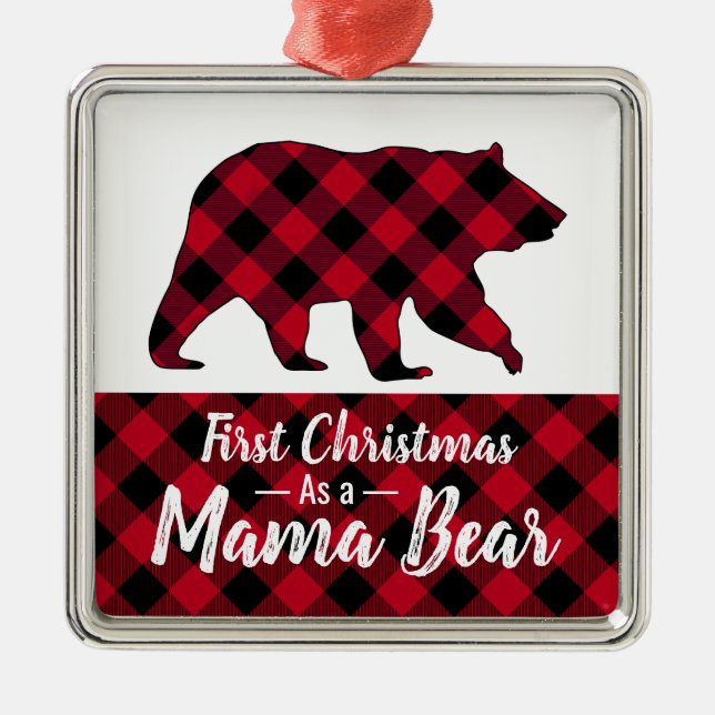Rustic First Christmas Mama Bear Red Buffalo Plaid Metal Tree Decoration (Front)